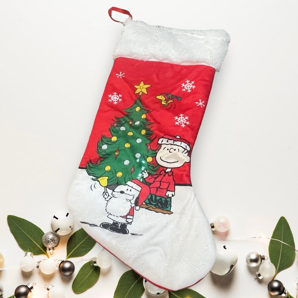 Peanuts Snoopy Charlie Brown Woodstock Christmas Stocking 18" Tree Snowflake